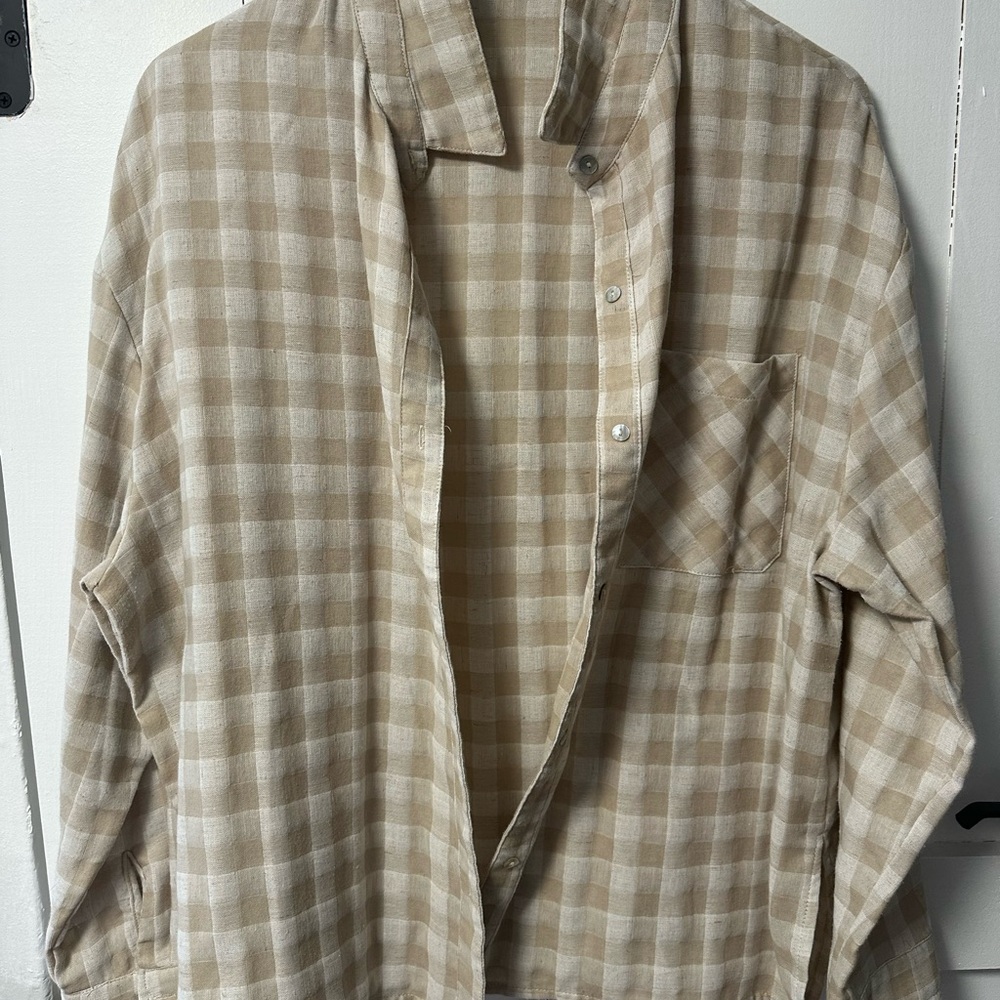 Women's Beige Checkered Button Down Shirt